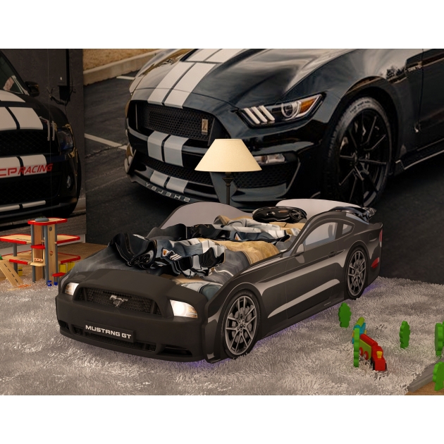 Кровать машина Mustang с подсветкой фар дна и колесами black